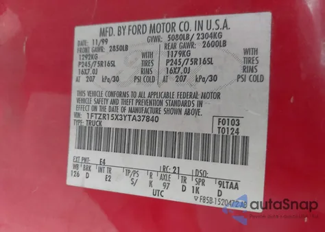 2000 Ford Ranger Xlt z USA, uszkodzony, nr VIN 1FTZR15X3YTA37840